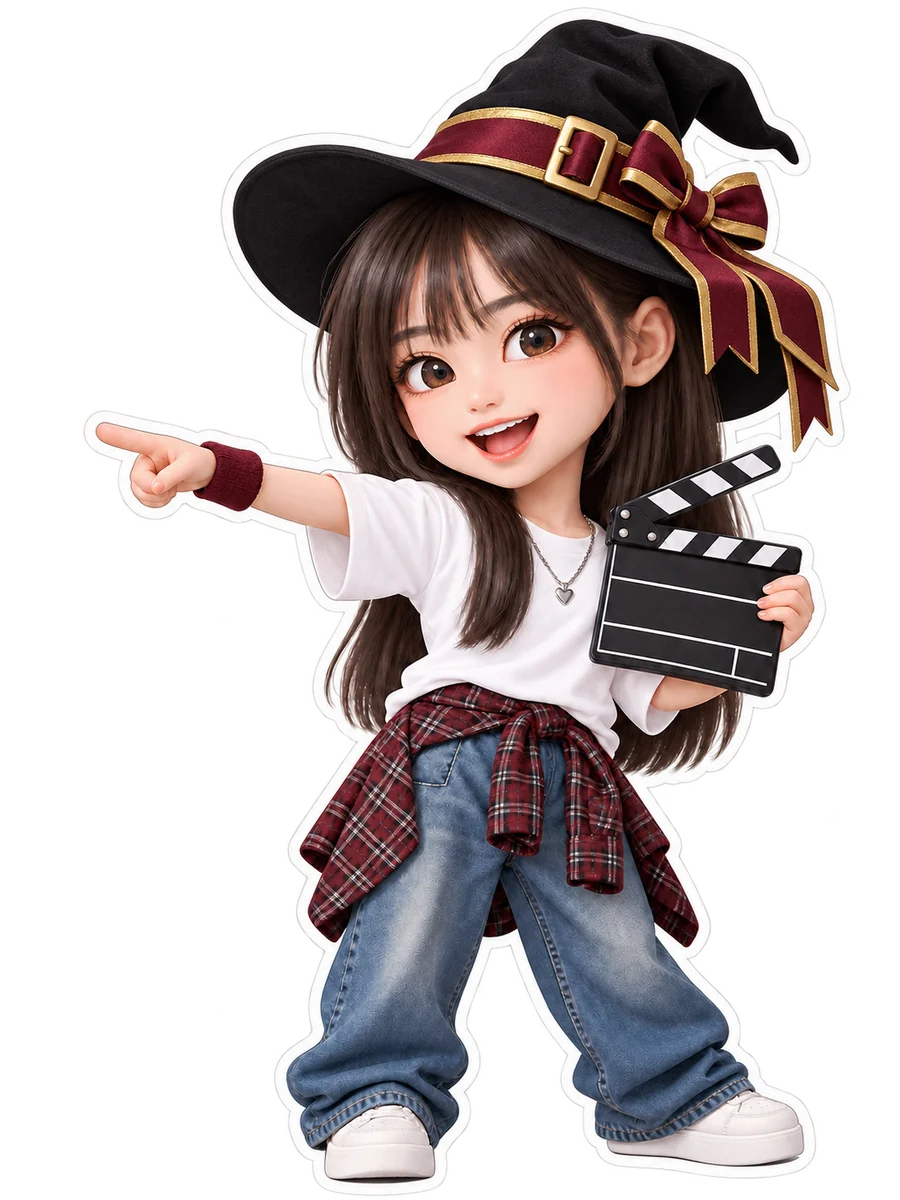 Cartoon sticker of Alyssa in her signature gold-trimmed witch hat, pointing to the introduction and holding a clapperboard