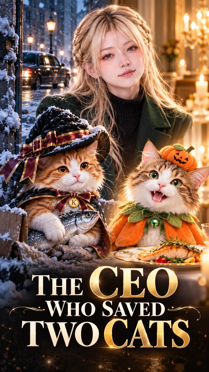 The CEO Who Saved Two Cats poster featuring Kiki and Coco in a snowy setting
