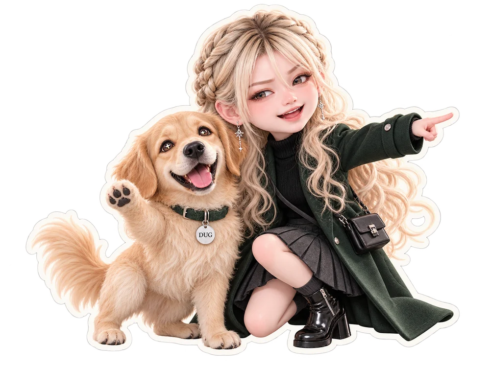 Playful cartoon Dravelle pointing toward the reasons, with a very excited Dug raising his paw