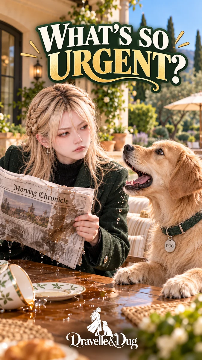What's So Urgent? Dravelle and Dug with a wet newspaper on the villa terrace